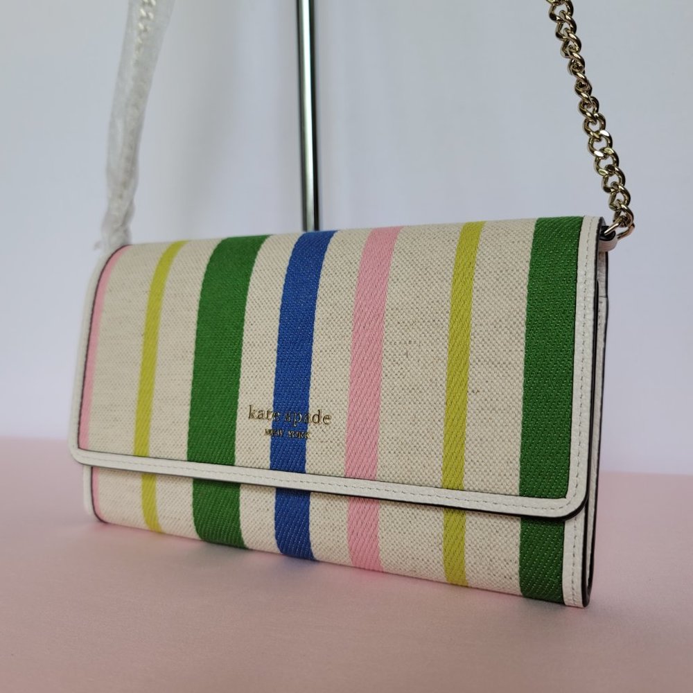 KATE SPADE Bradley Striped Canvas & Leather Large Wallet on Chain Crossbody ⭐ - Picture 4 of 16